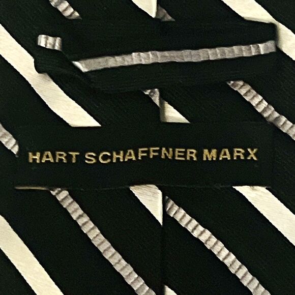 Hart Schaffner Marx Tie XL Repp Stripe Black Metallic Silver Preppy Academia - Picture 4 of 10